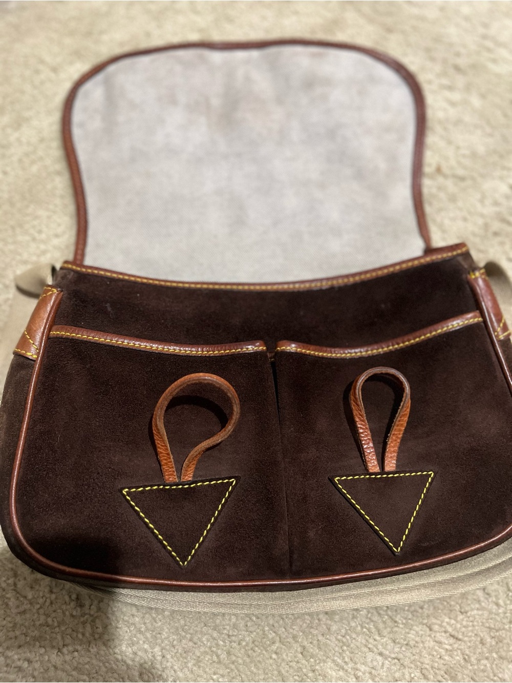 Vintage Dooney & Bourke Dark Brown Suede Crossbody with Tan Leather Accents - Picture 8 of 16